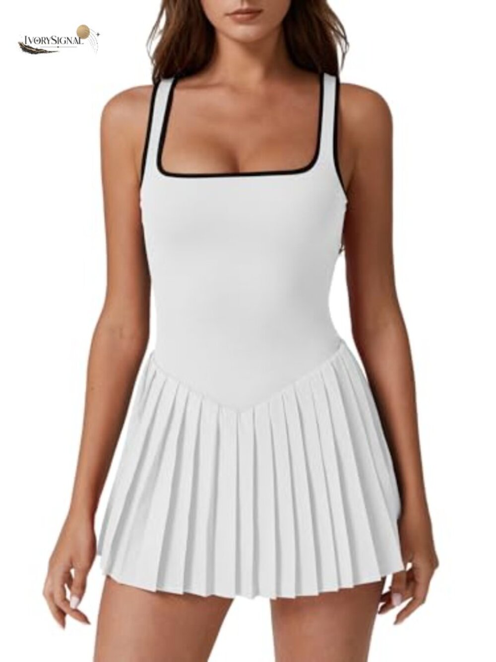 Women's Square Neck Tennis Dress Sleeveless Pleated Golf Athletic Dress with
